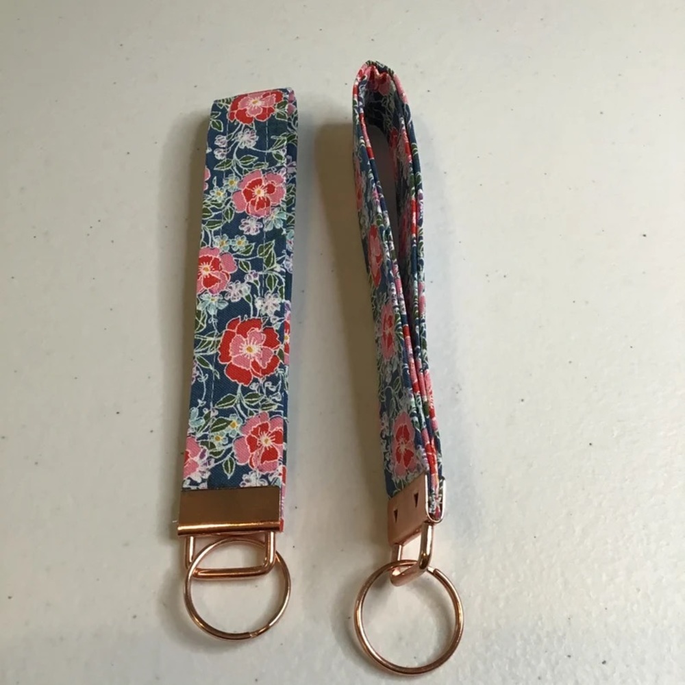 Keychain Wristlet Blue Summer Floral with rose gold hardware HANDMADE New